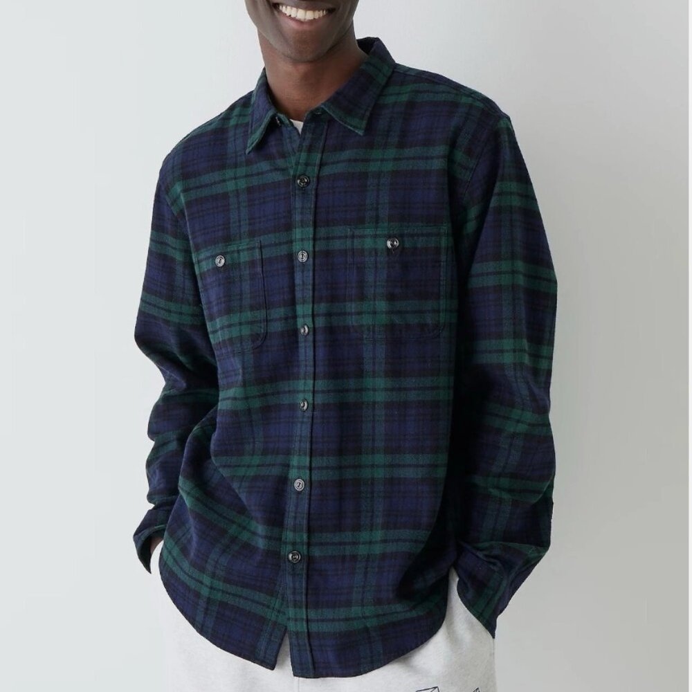 J. Crew Men's Green & Navy Slim Midweight Flannel Shirt in Watch Tartan - Size M